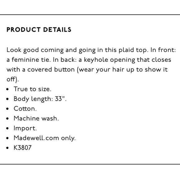 MADEWELL Plaid Tie Front Keyhole Top - Picture 7 of 8